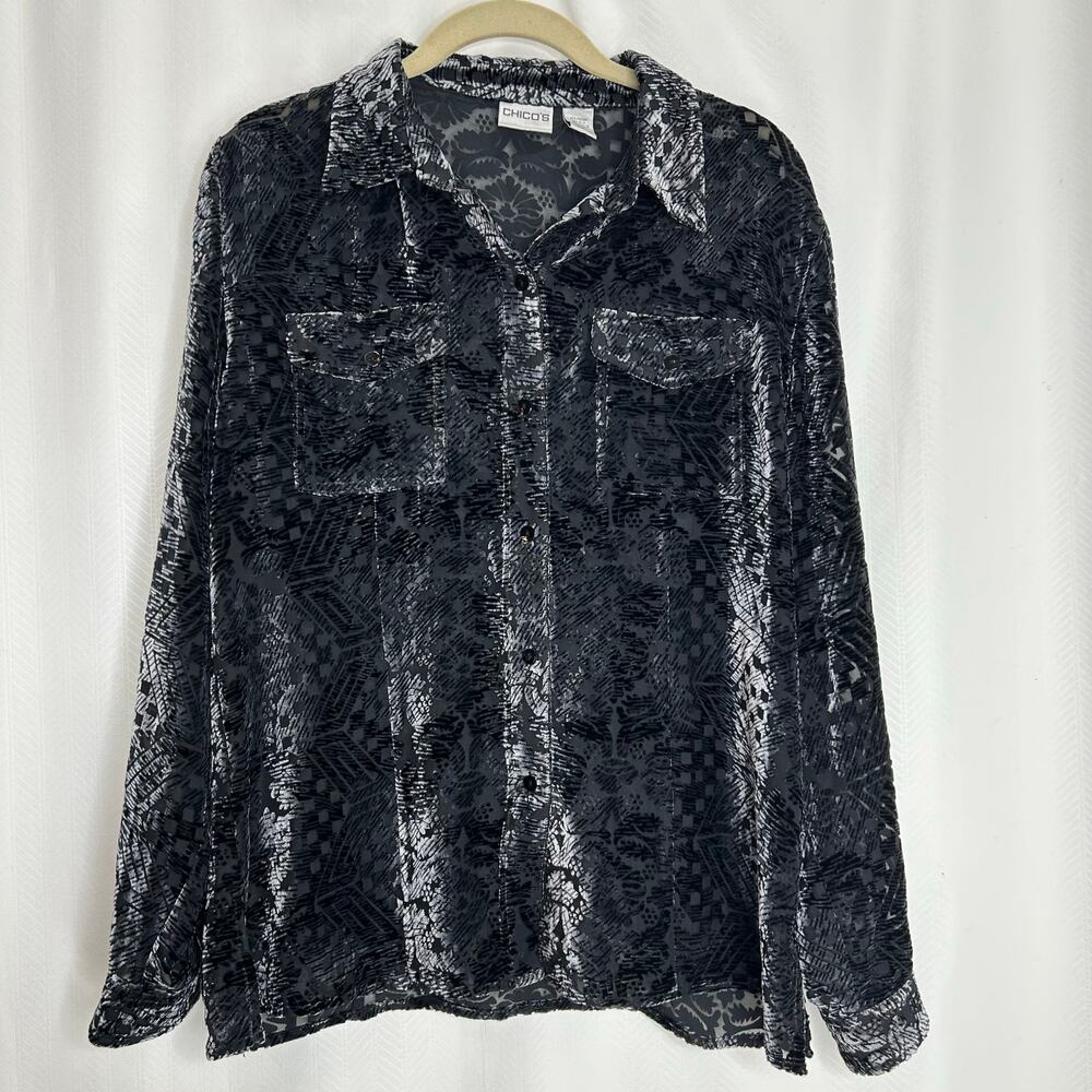 Chicosb black velvet burnout blouse button up medium gothic dark